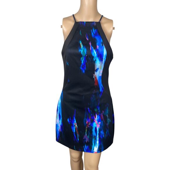 Bebe Black Watercolor Abstract Print High Neck Scuba Sheath Dress SZ M - Picture 1 of 10